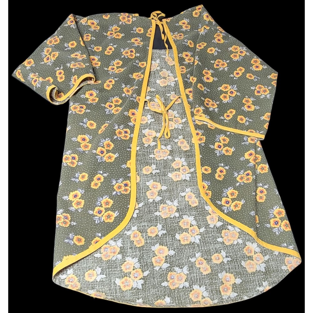 Classic Homemade Full Apron Women Green Yellow Floral 3/4 Sleeve Back Tie - Picture 3 of 13